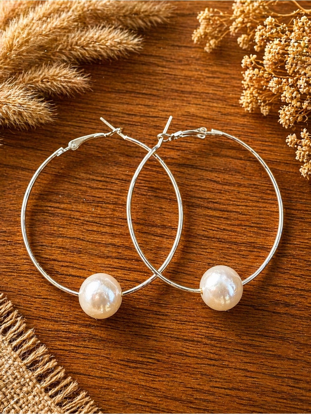 Silver Hoop Earrings with White Pearl Accent - Women Jewelry